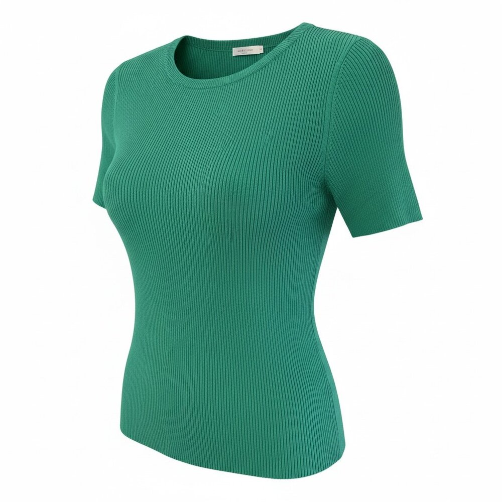 Skies Are Blue Green Ribbed Knit Short Sleeve Top | Fitted Essential size S